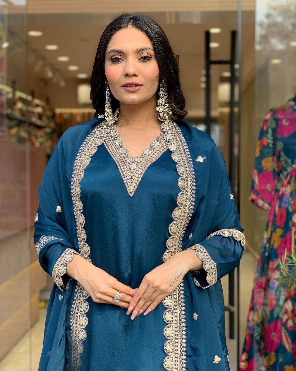 "Teal Blue Silk Suit with Intricate Lace Detailing & Dupatta – Graceful Ethnic Ensemble"