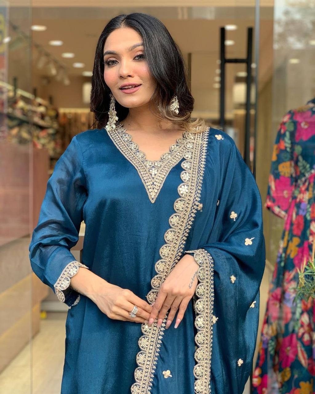 "Teal Blue Silk Suit with Intricate Lace Detailing & Dupatta – Graceful Ethnic Ensemble"