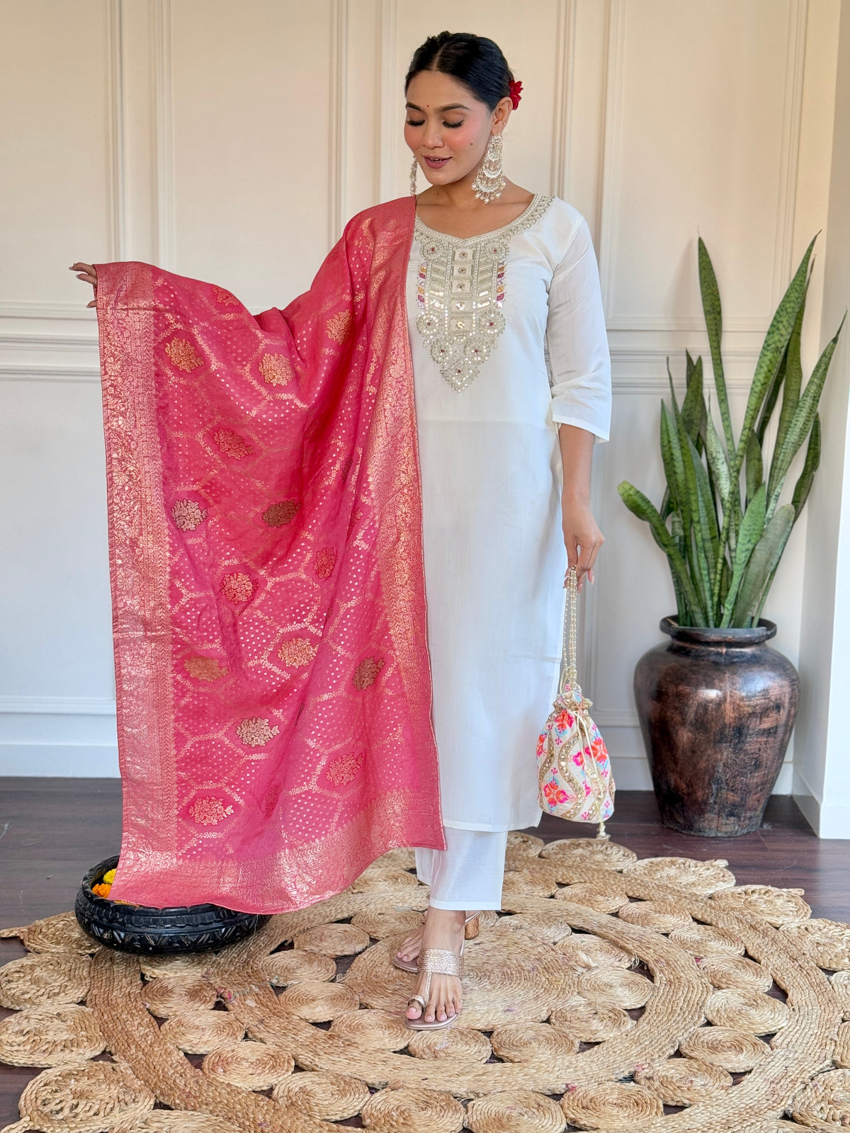 Off White Thread Embroidered Chanderi Kurta Set