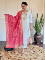 Off White Thread Embroidered Chanderi Kurta Set