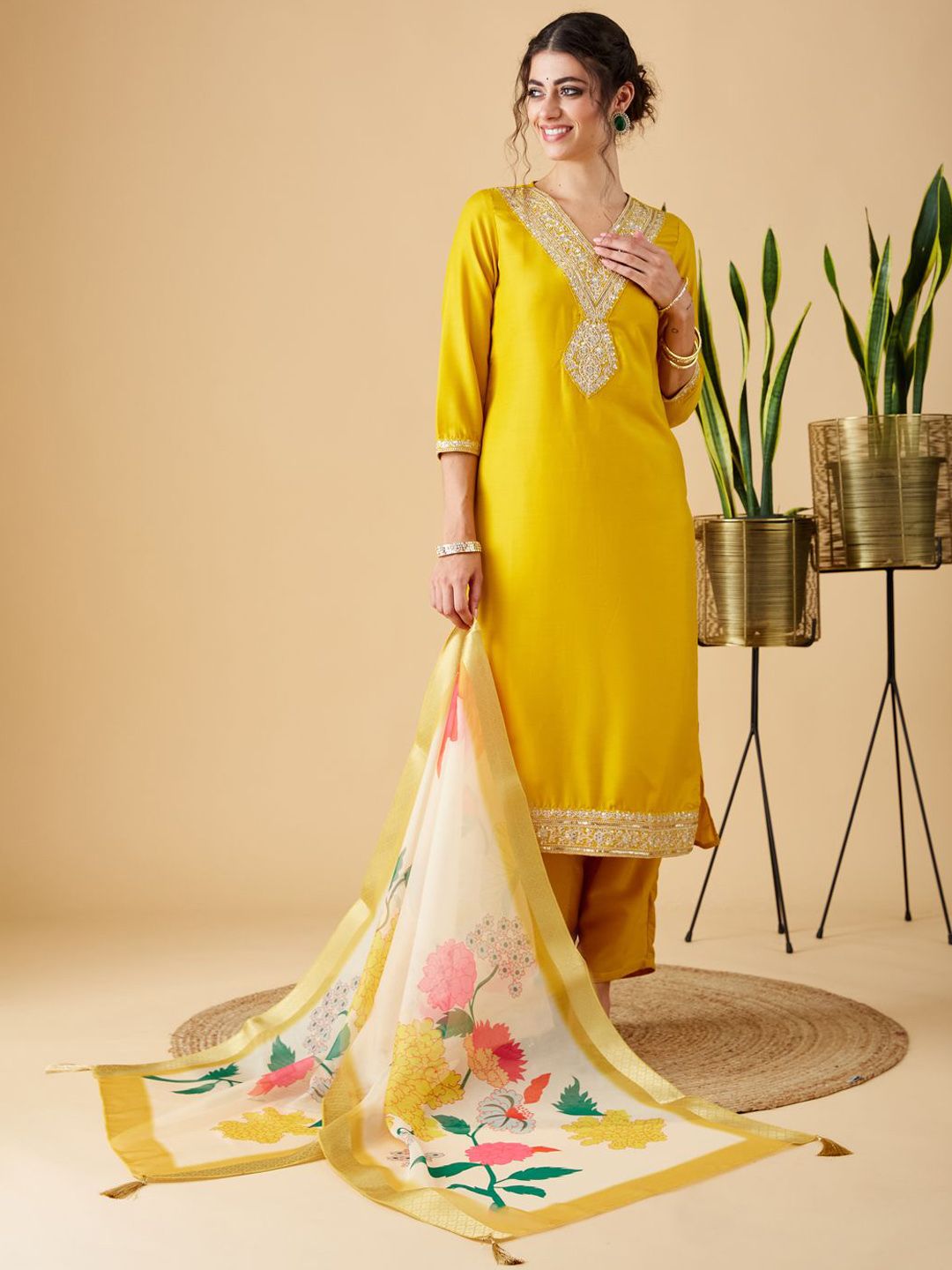 Women Embroidered Straight Kurta & Pants with Dupatta