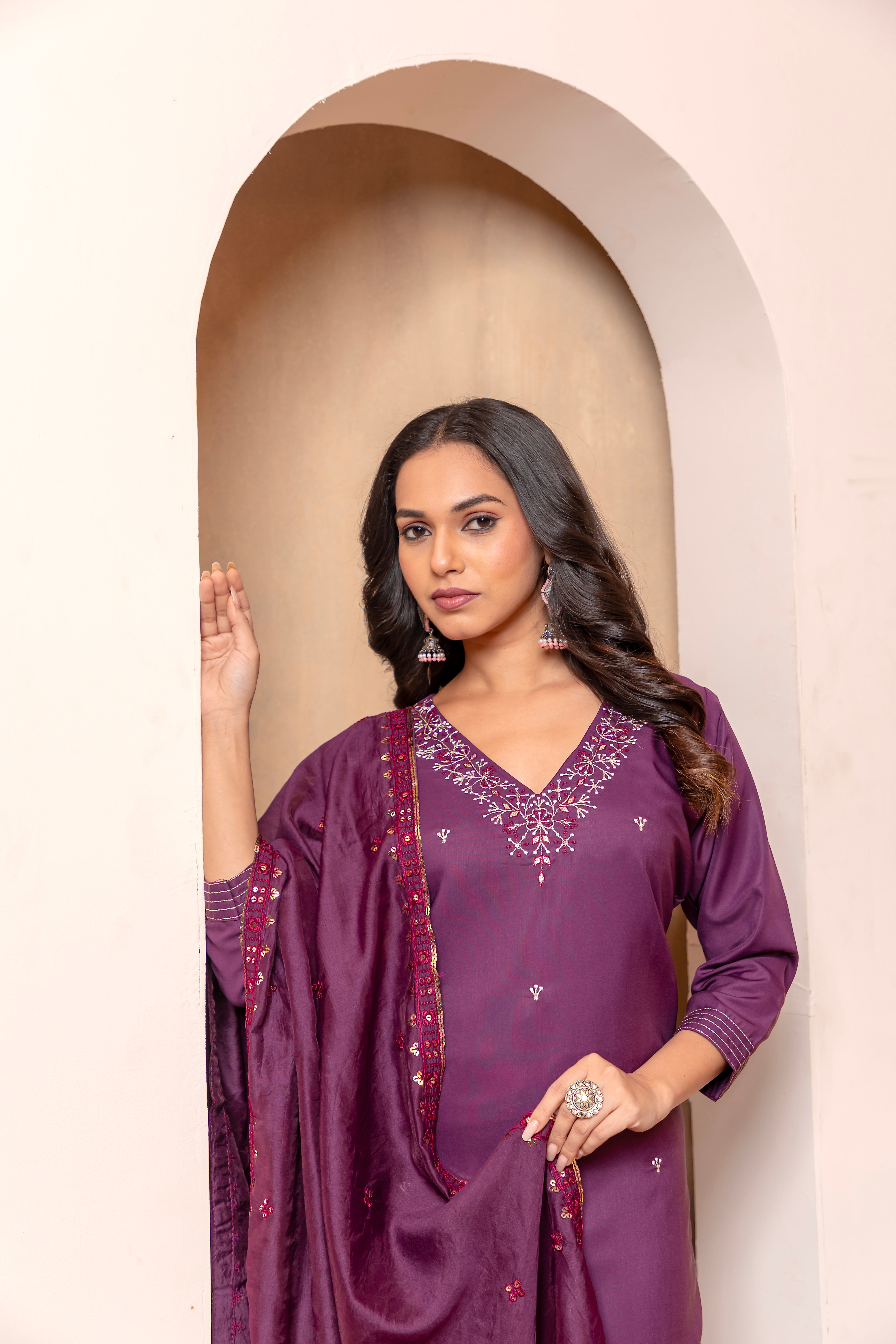 Wine Roman Silk V Neck Straight Fit and Heavy Embroidered Work Women’s Kurta Set with Dupatta