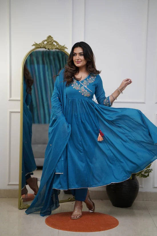 Biba Blue Cotton Embroidery Anarkali Set With Dupatta Set