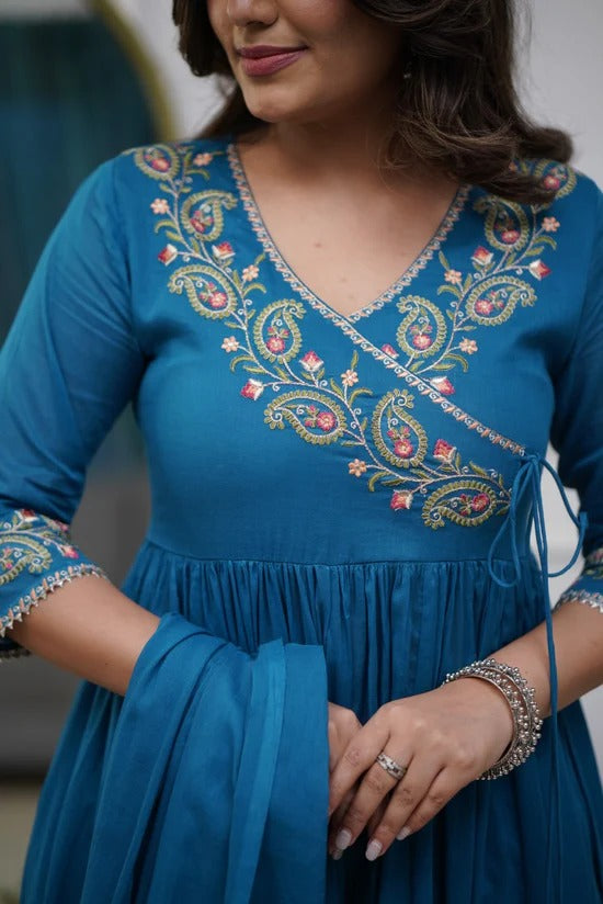 Biba Blue Cotton Embroidery Anarkali Set With Dupatta Set