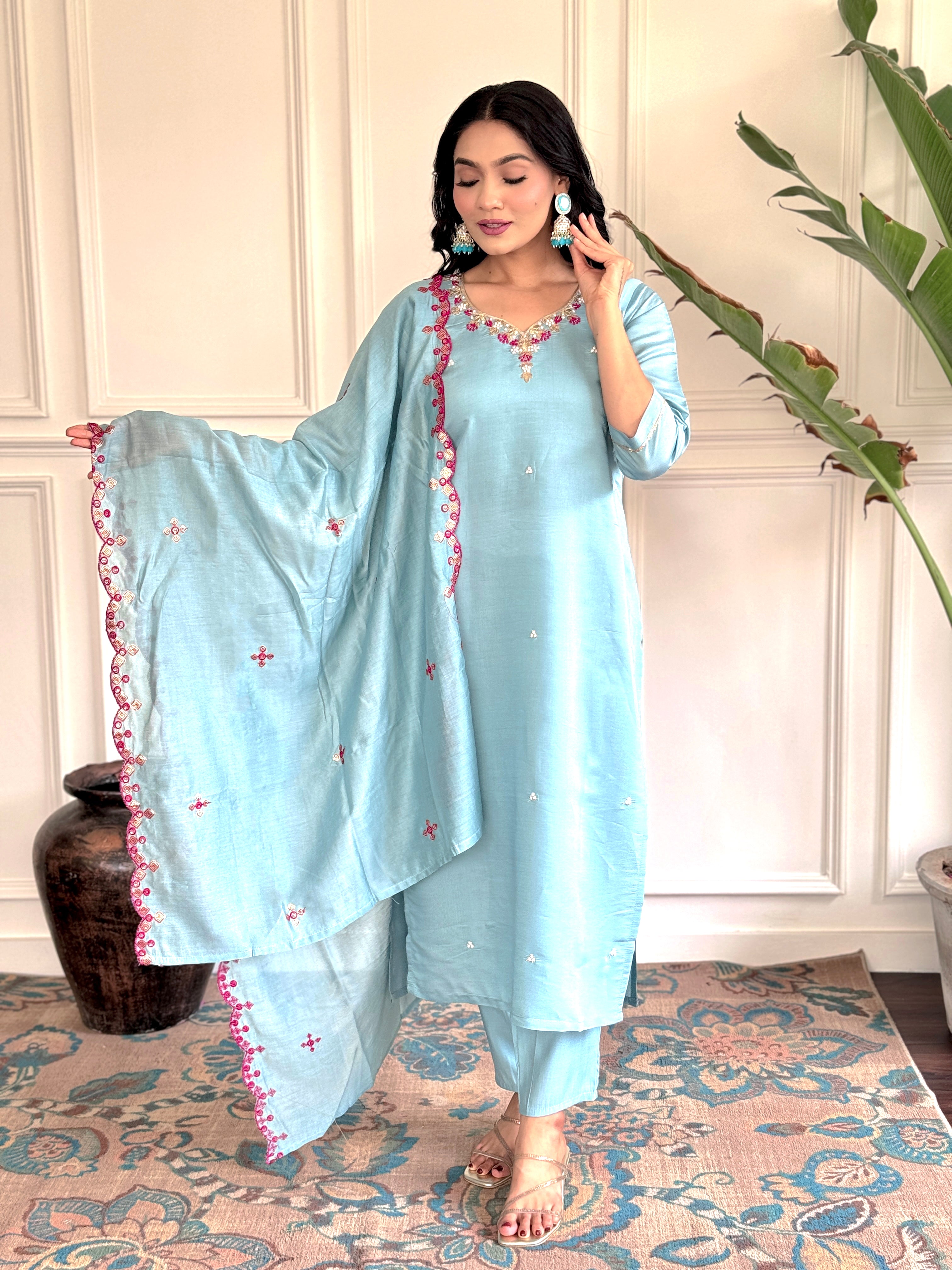 Women's chanderi viscose embroidered straight kurta with pant and dupatta set