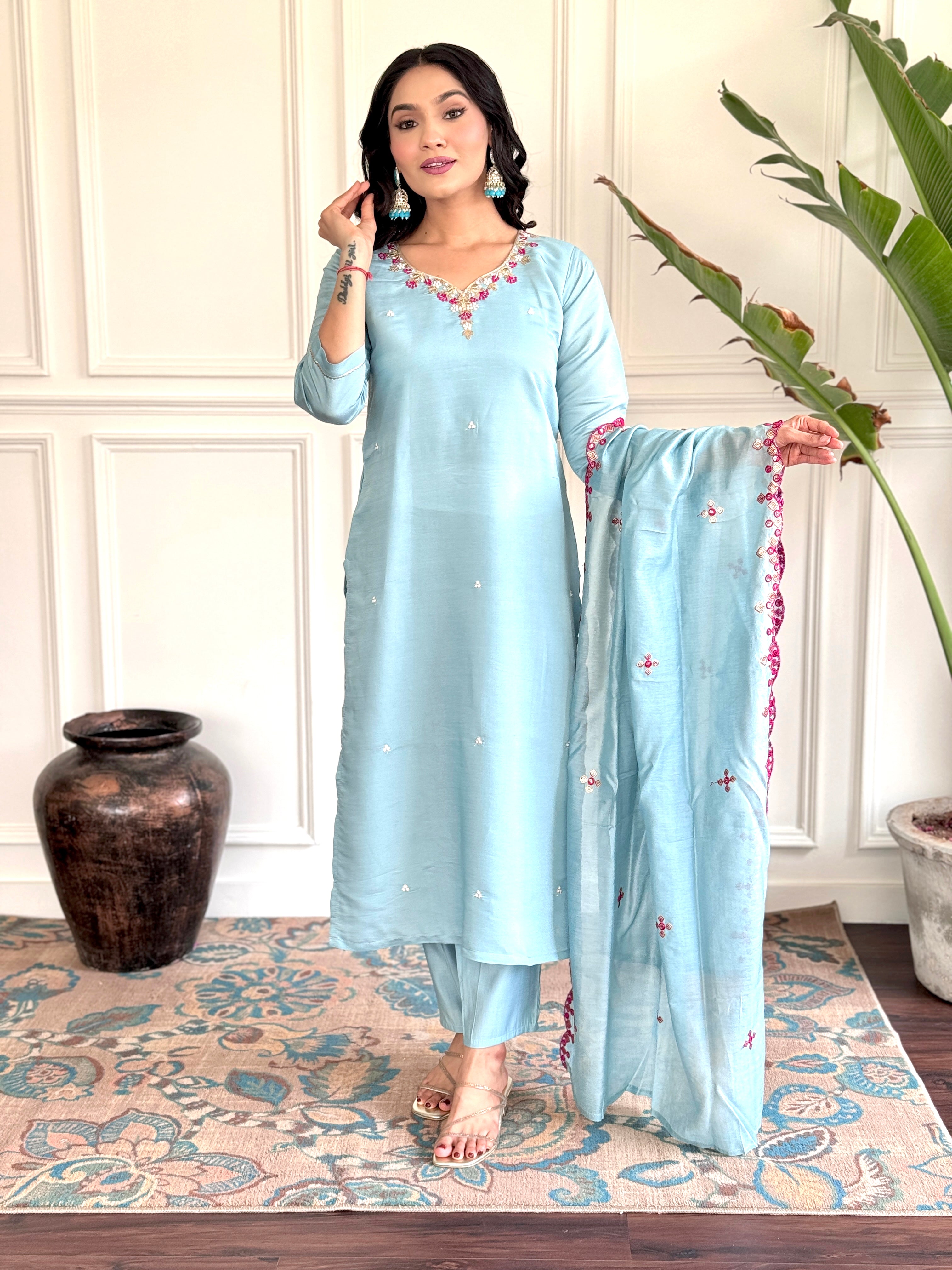Women's chanderi viscose embroidered straight kurta with pant and dupatta set