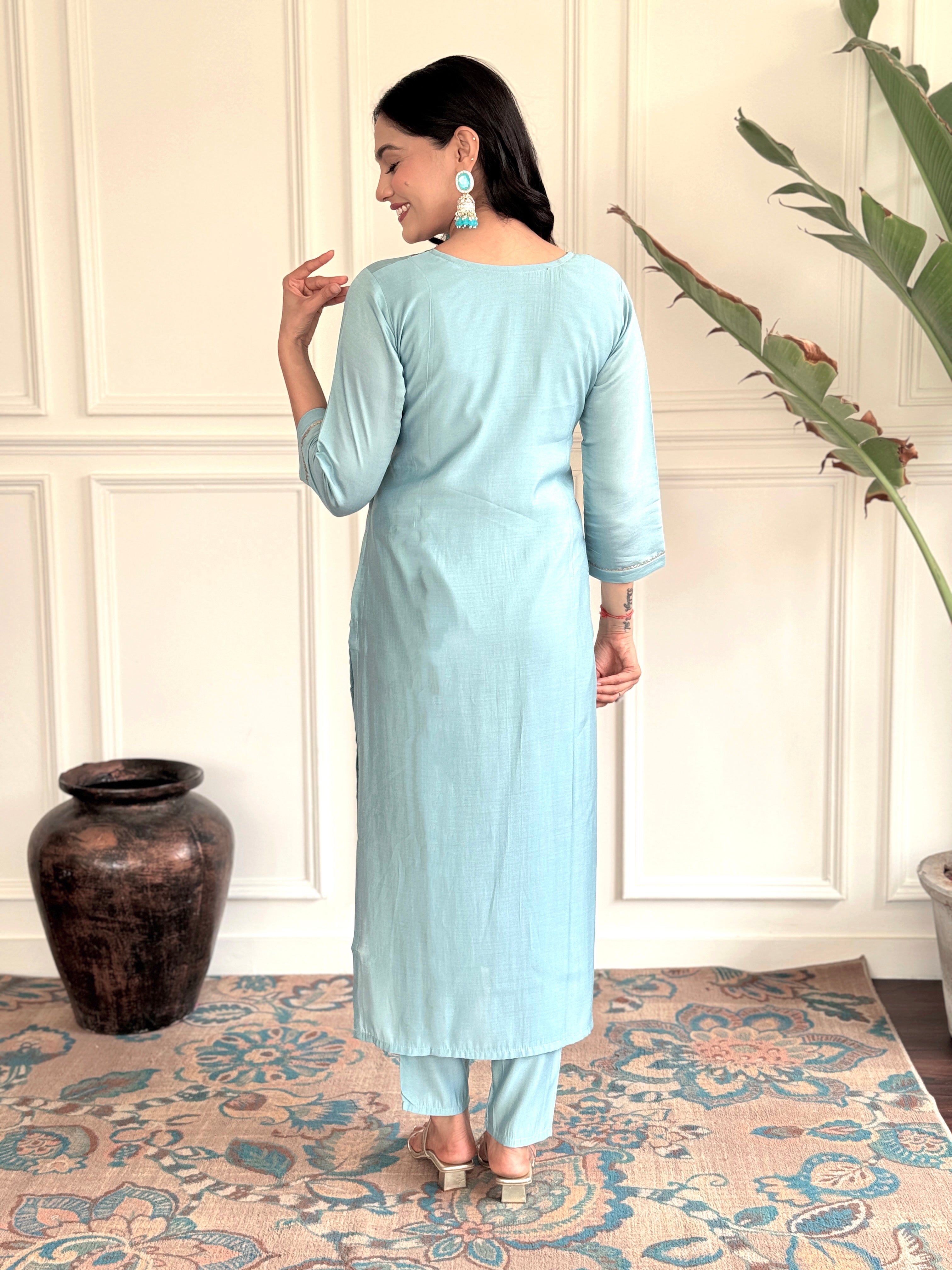 Women's chanderi viscose embroidered straight kurta with pant and dupatta set