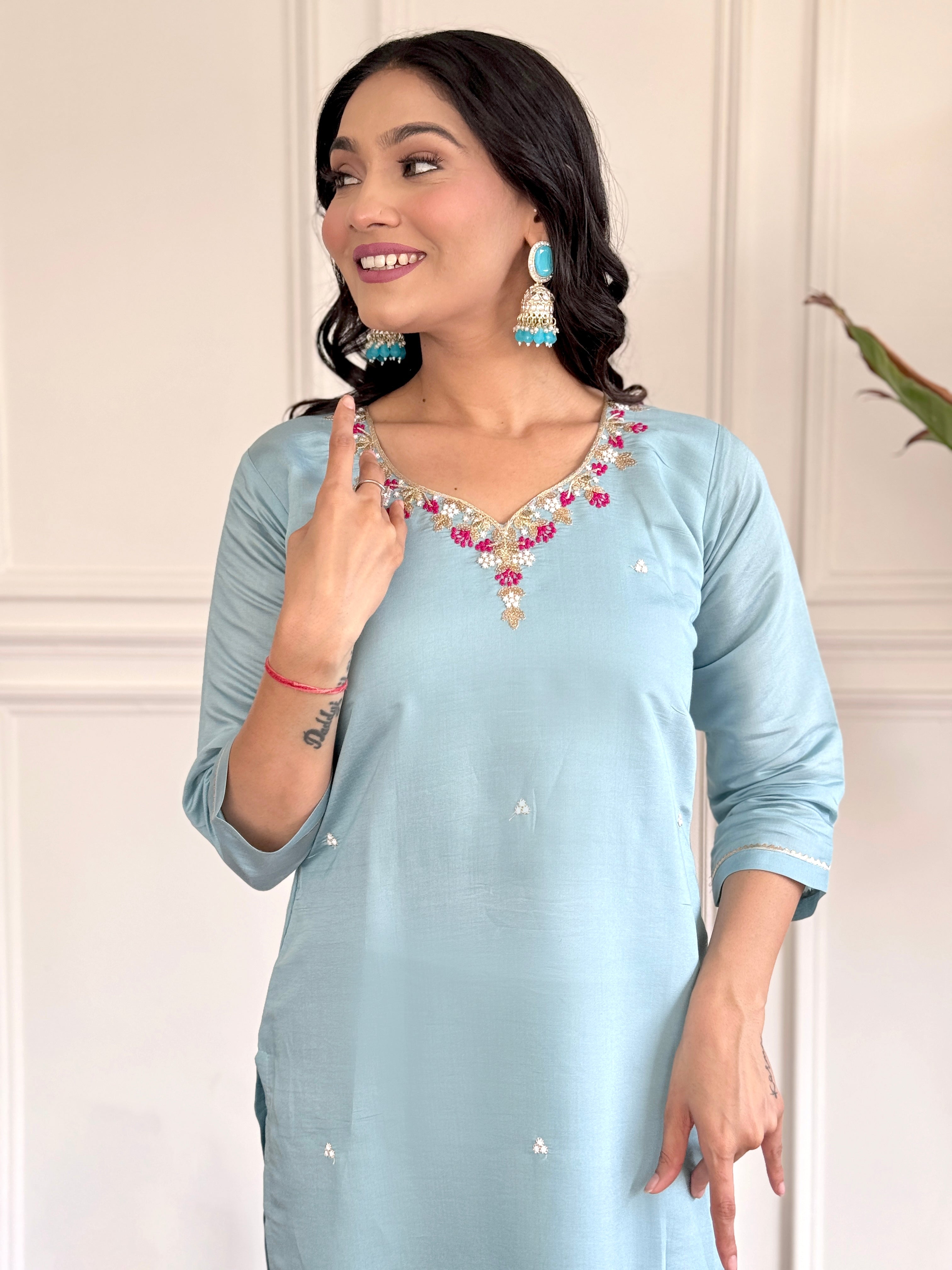 Women's chanderi viscose embroidered straight kurta with pant and dupatta set