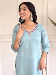 Women's chanderi viscose embroidered straight kurta with pant and dupatta set