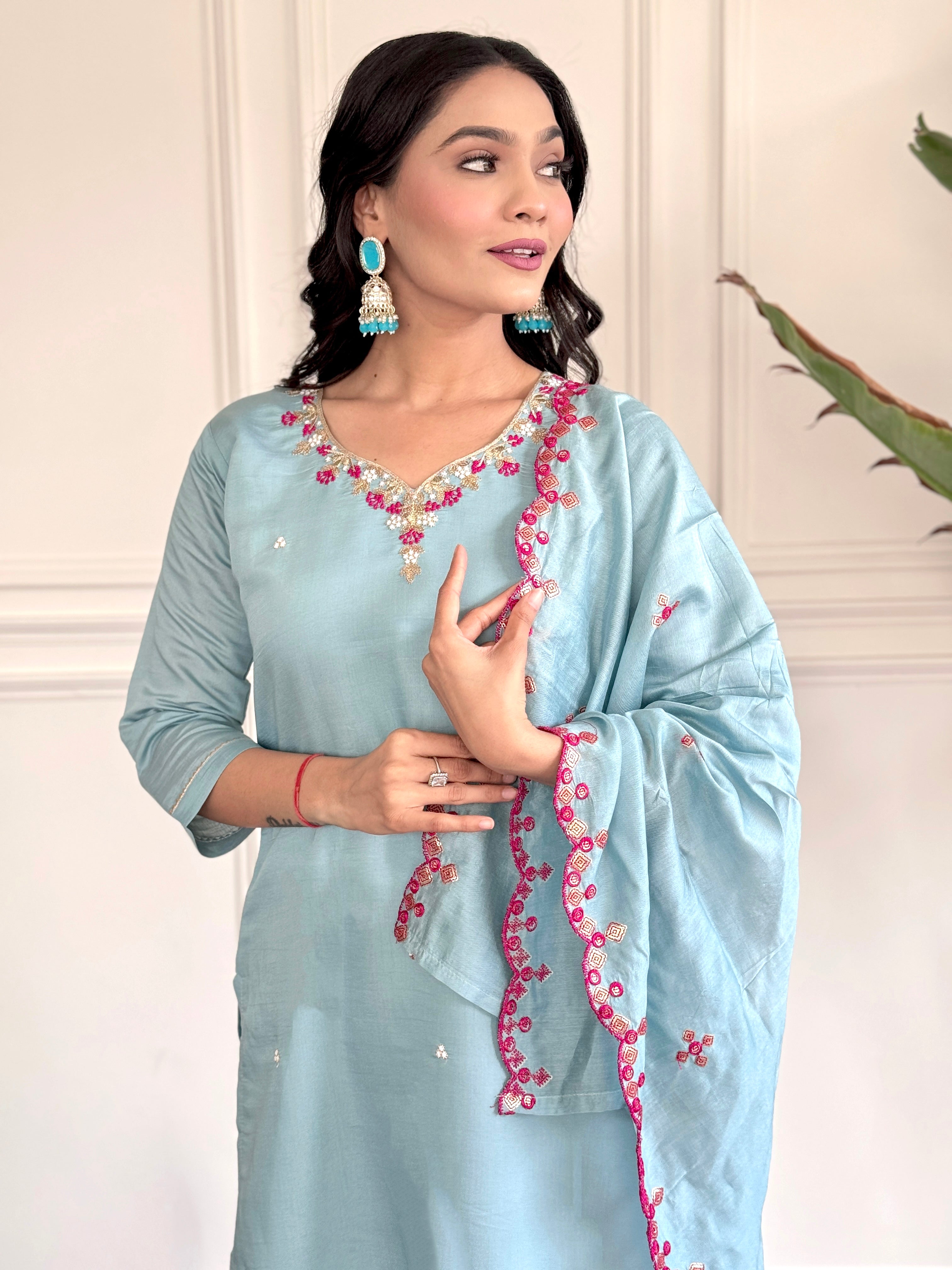 Women's chanderi viscose embroidered straight kurta with pant and dupatta set