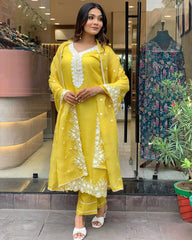 Premium Yellow Georgette Suit with Chanderi Bottom Embroidery for Celebrations Gatherings