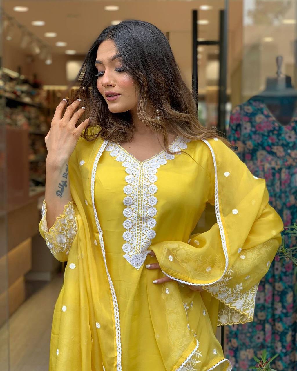 Premium Yellow Georgette Suit with Chanderi Bottom Embroidery for Celebrations Gatherings