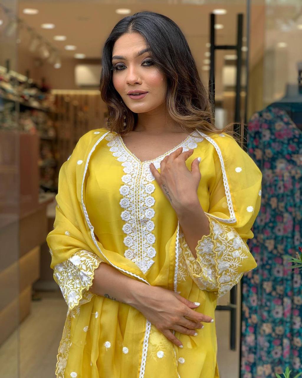 Premium Yellow Georgette Suit with Chanderi Bottom Embroidery for Celebrations Gatherings