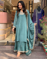 NEW DESIGNER PARTY WEAR LOOK PURE CHINON SILK TOP PALAZZO AND Dupatta
