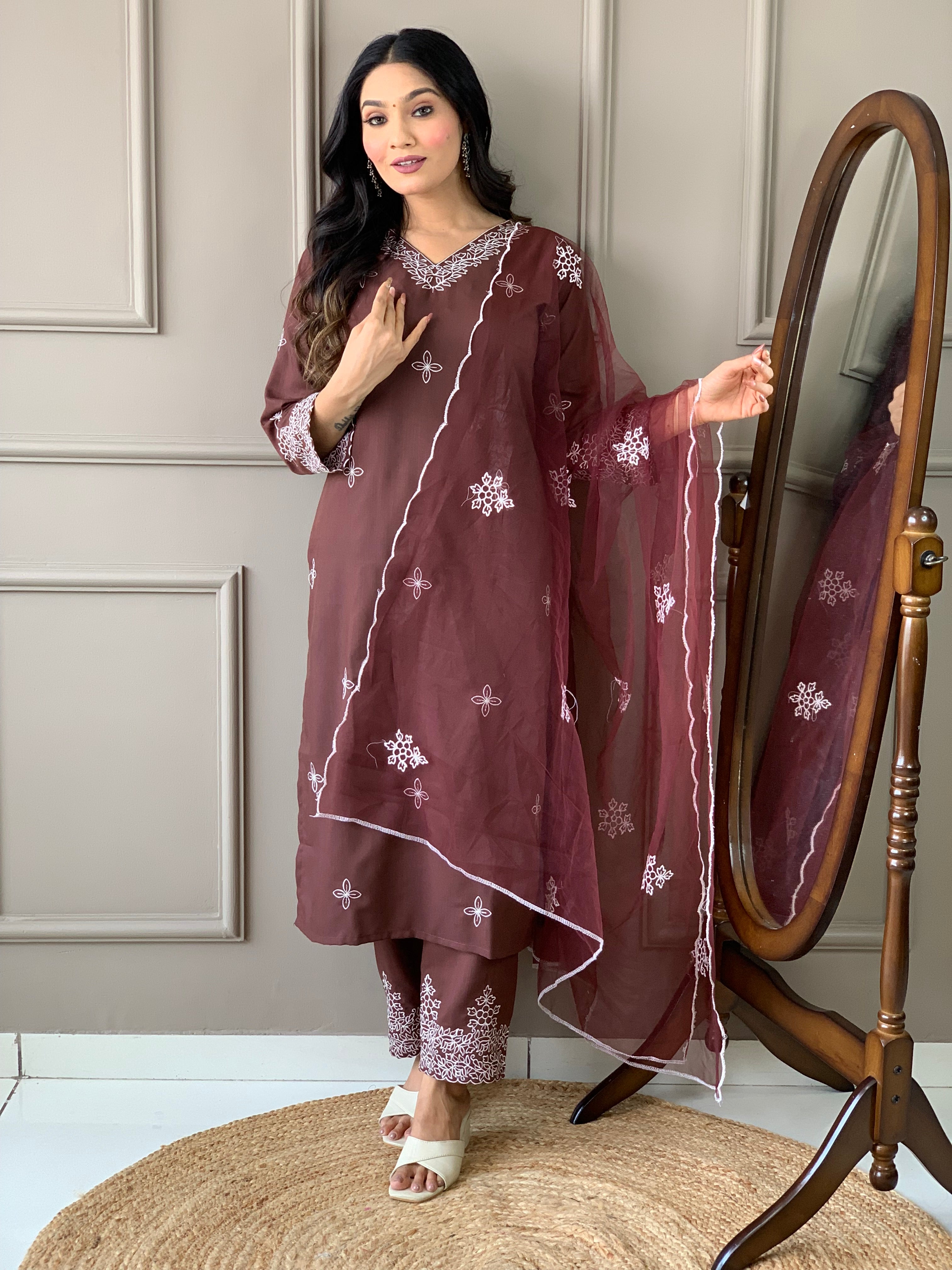 Elegant Maroon Chikankari Embroidered Kurta Set with Dupatta