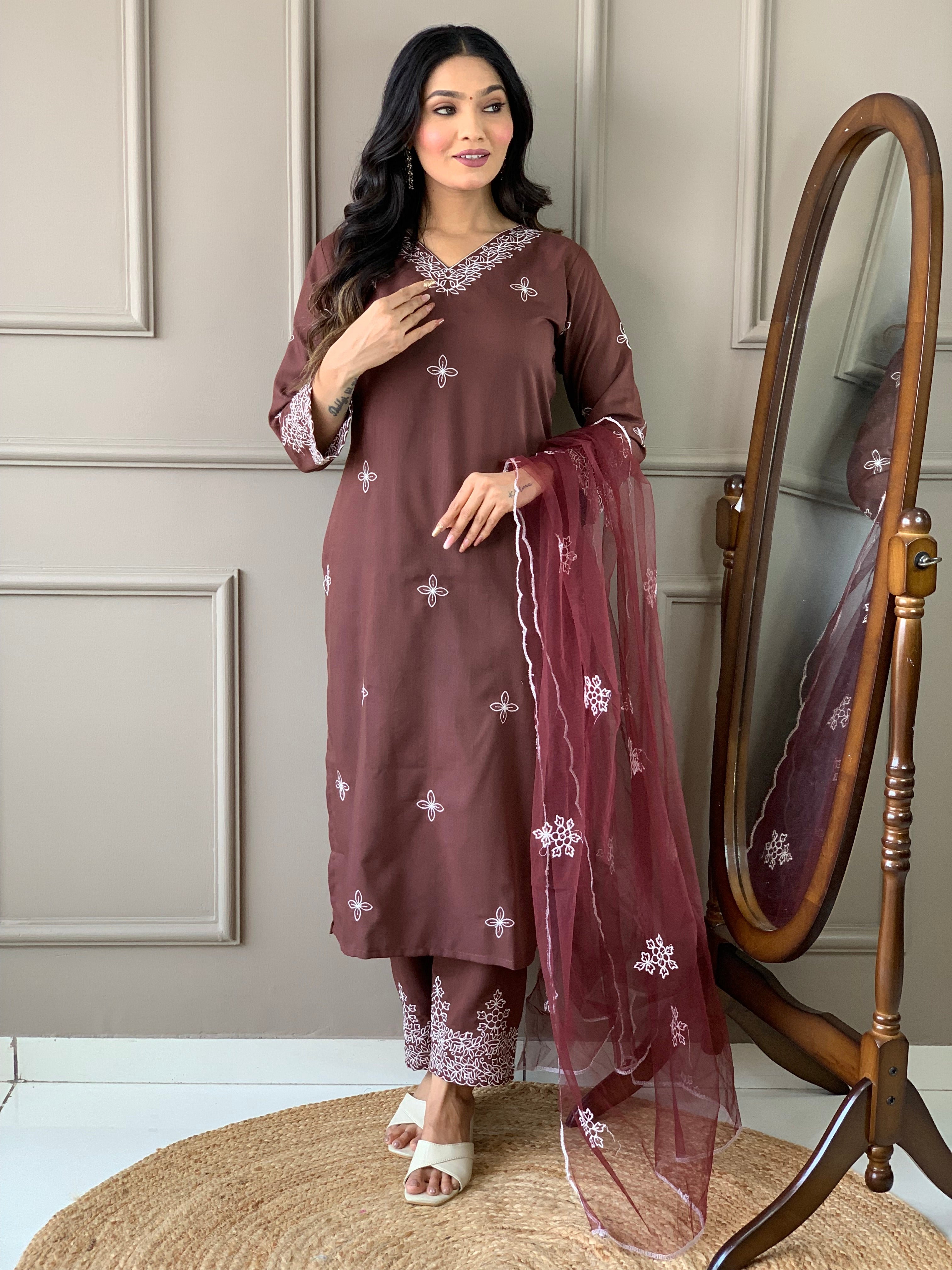 Elegant Maroon Chikankari Embroidered Kurta Set with Dupatta