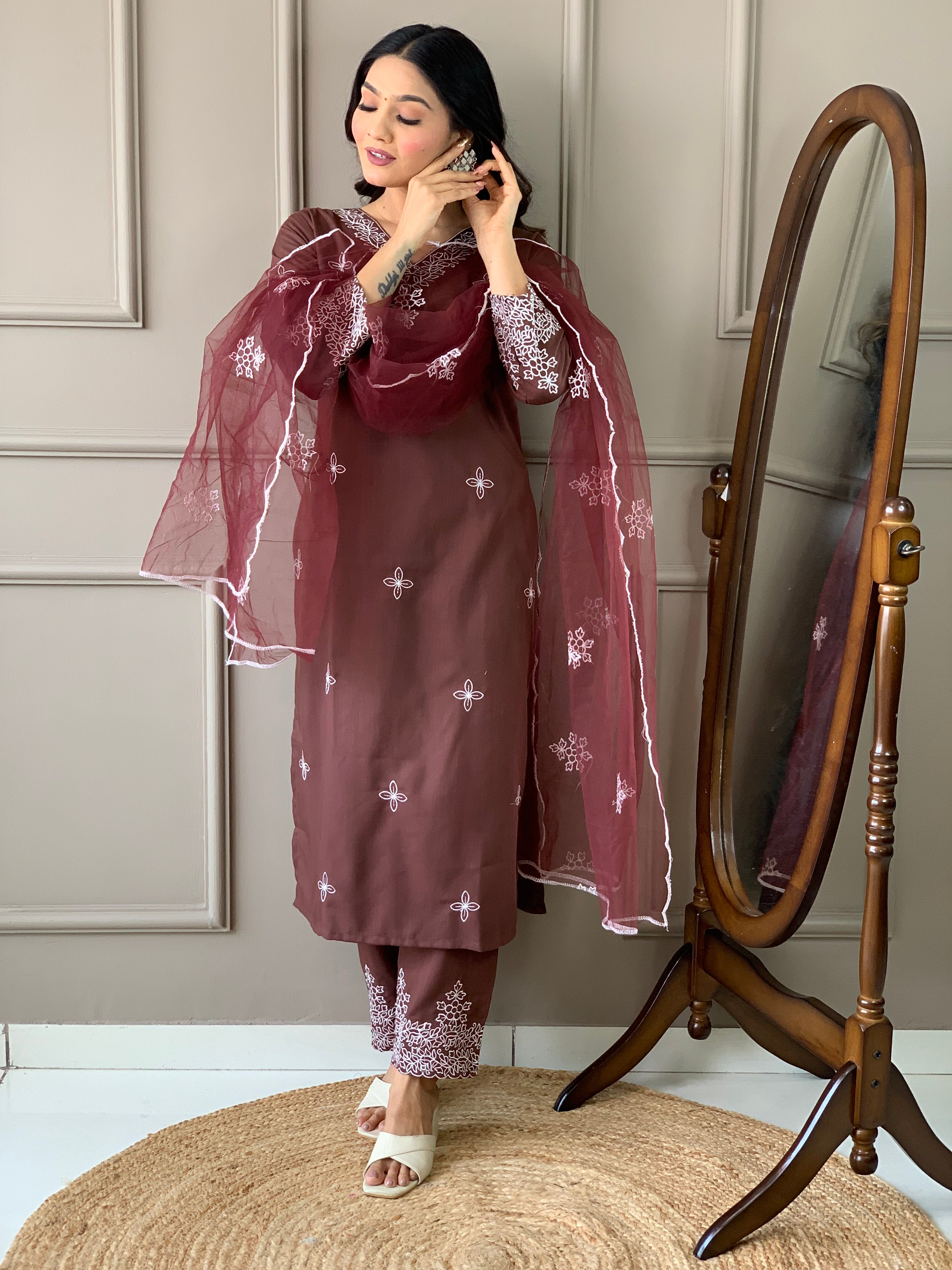 Elegant Maroon Chikankari Embroidered Kurta Set with Dupatta