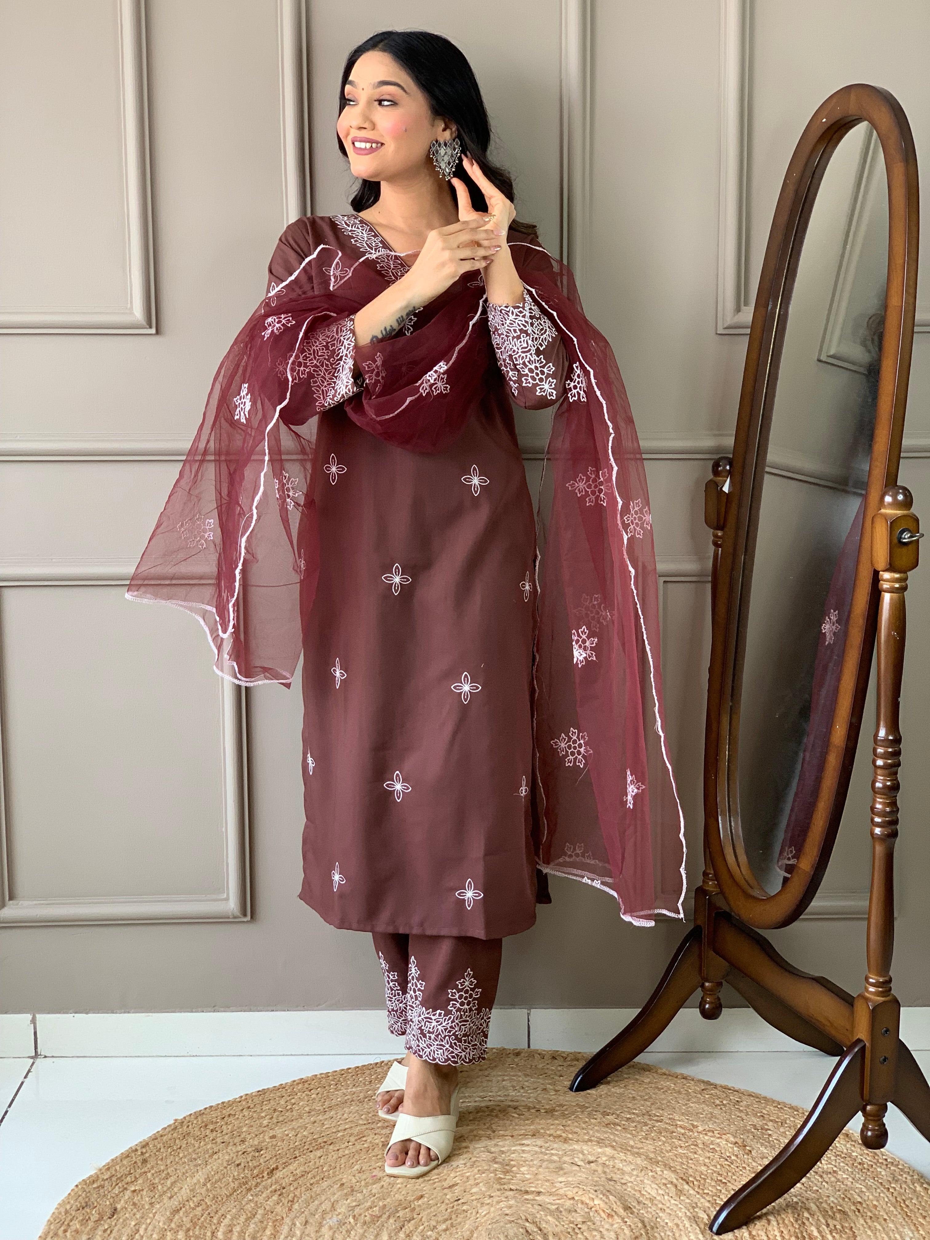 Elegant Maroon Chikankari Embroidered Kurta Set with Dupatta
