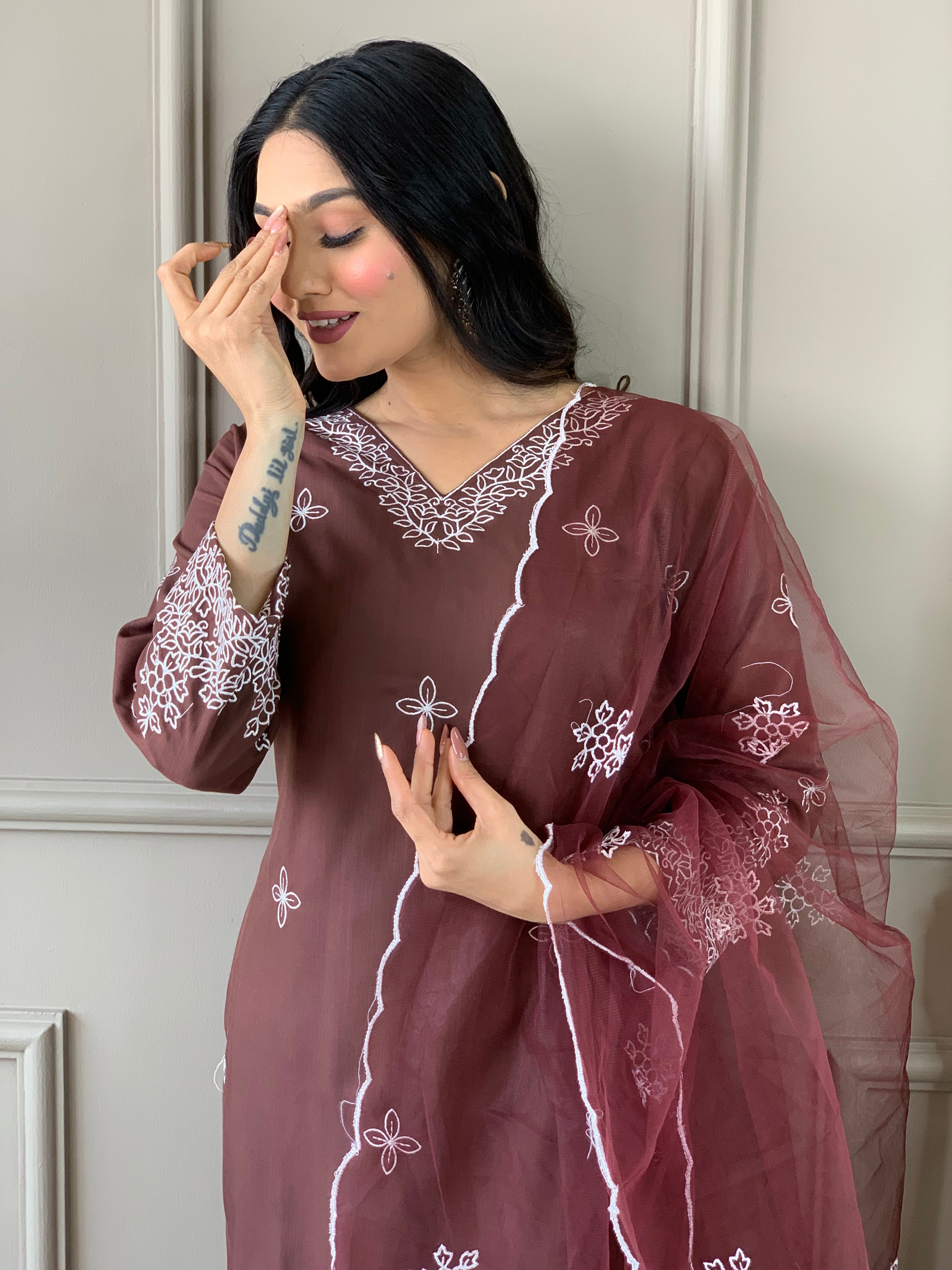 Elegant Maroon Chikankari Embroidered Kurta Set with Dupatta