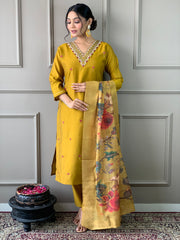 Mustard Yellow Embellished Kurta Set with Floral Printed Dupatta