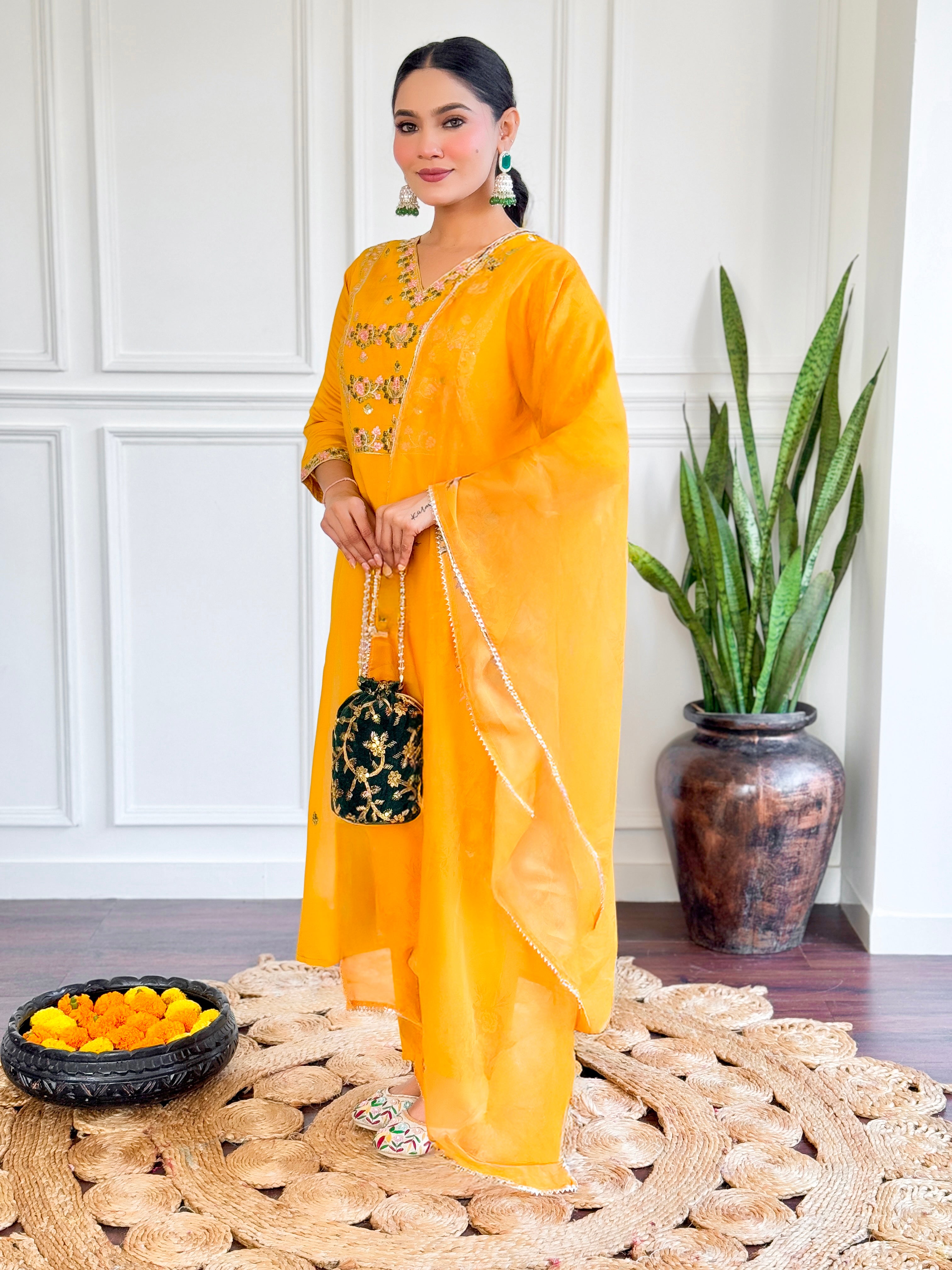 Yellow Embroidered Chanderi Silk Kurta set