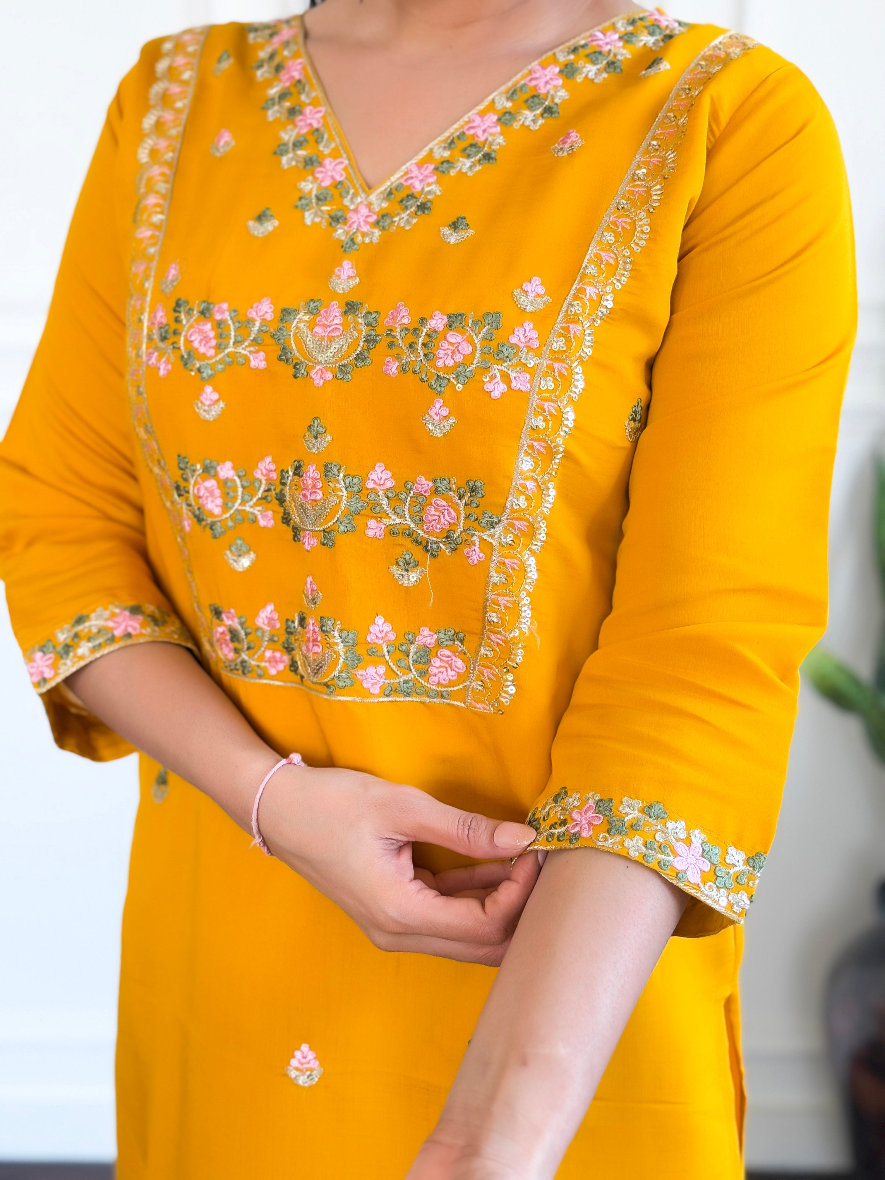 Yellow Embroidered Chanderi Silk Kurta set