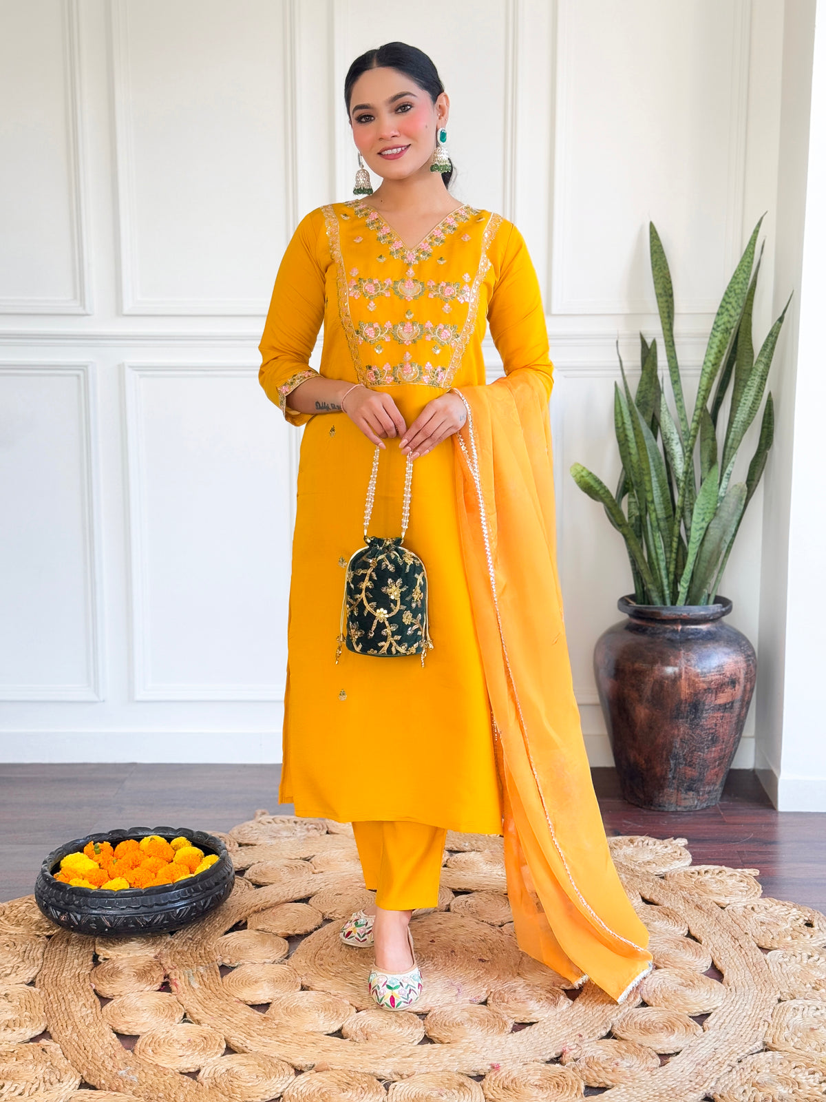 Yellow Embroidered Chanderi Silk Kurta set