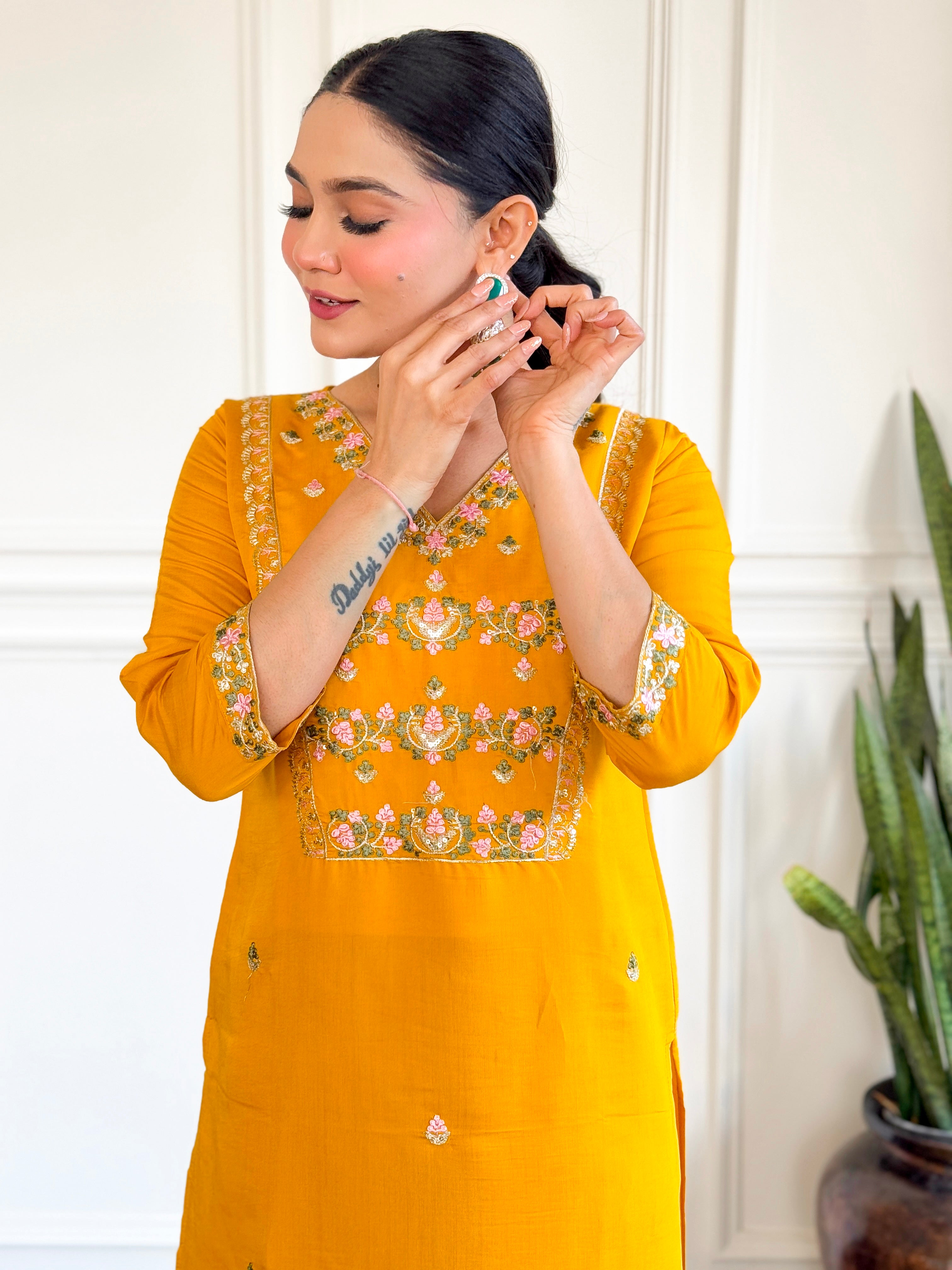 Yellow Embroidered Chanderi Silk Kurta set