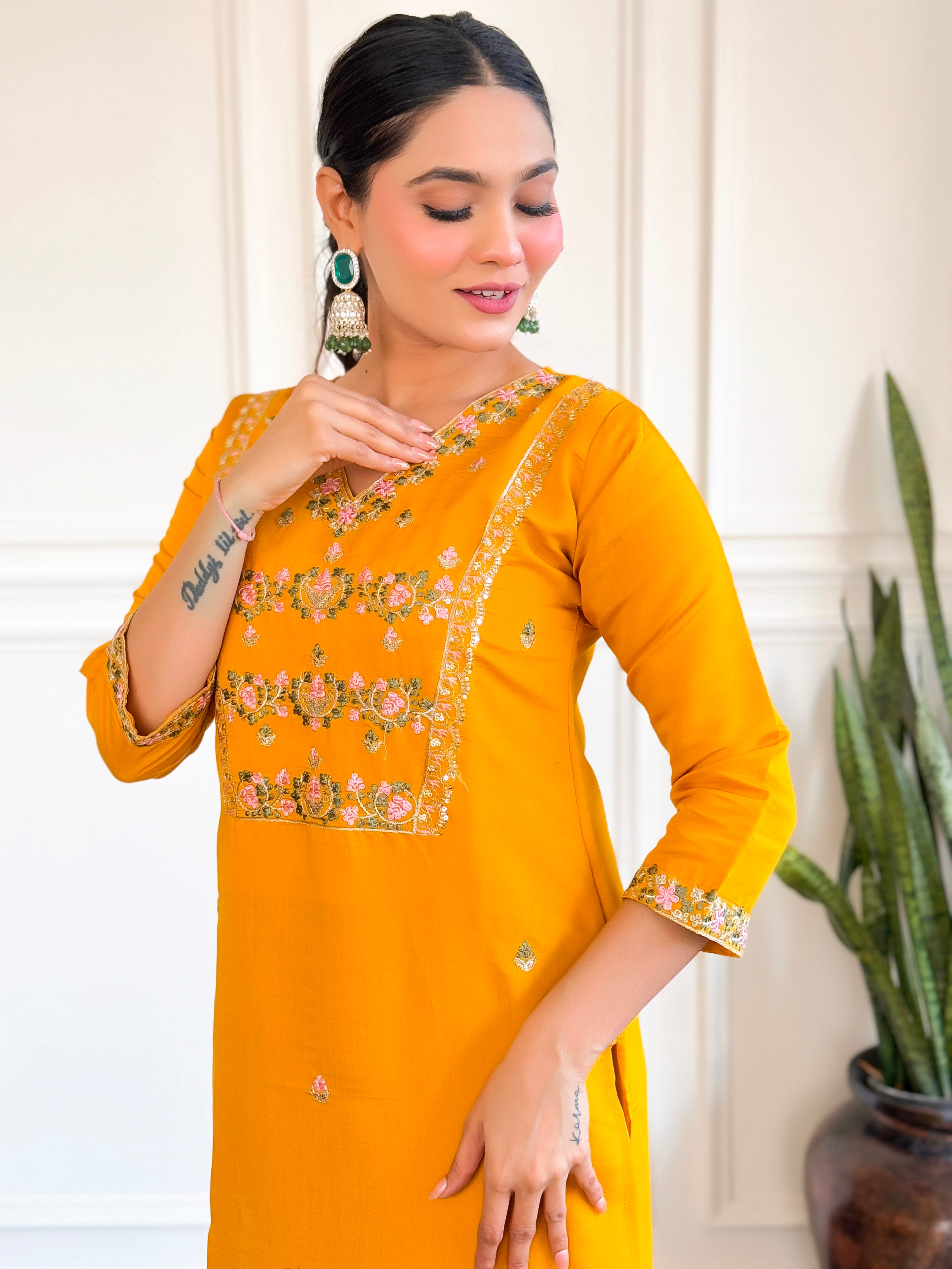 Yellow Embroidered Chanderi Silk Kurta set