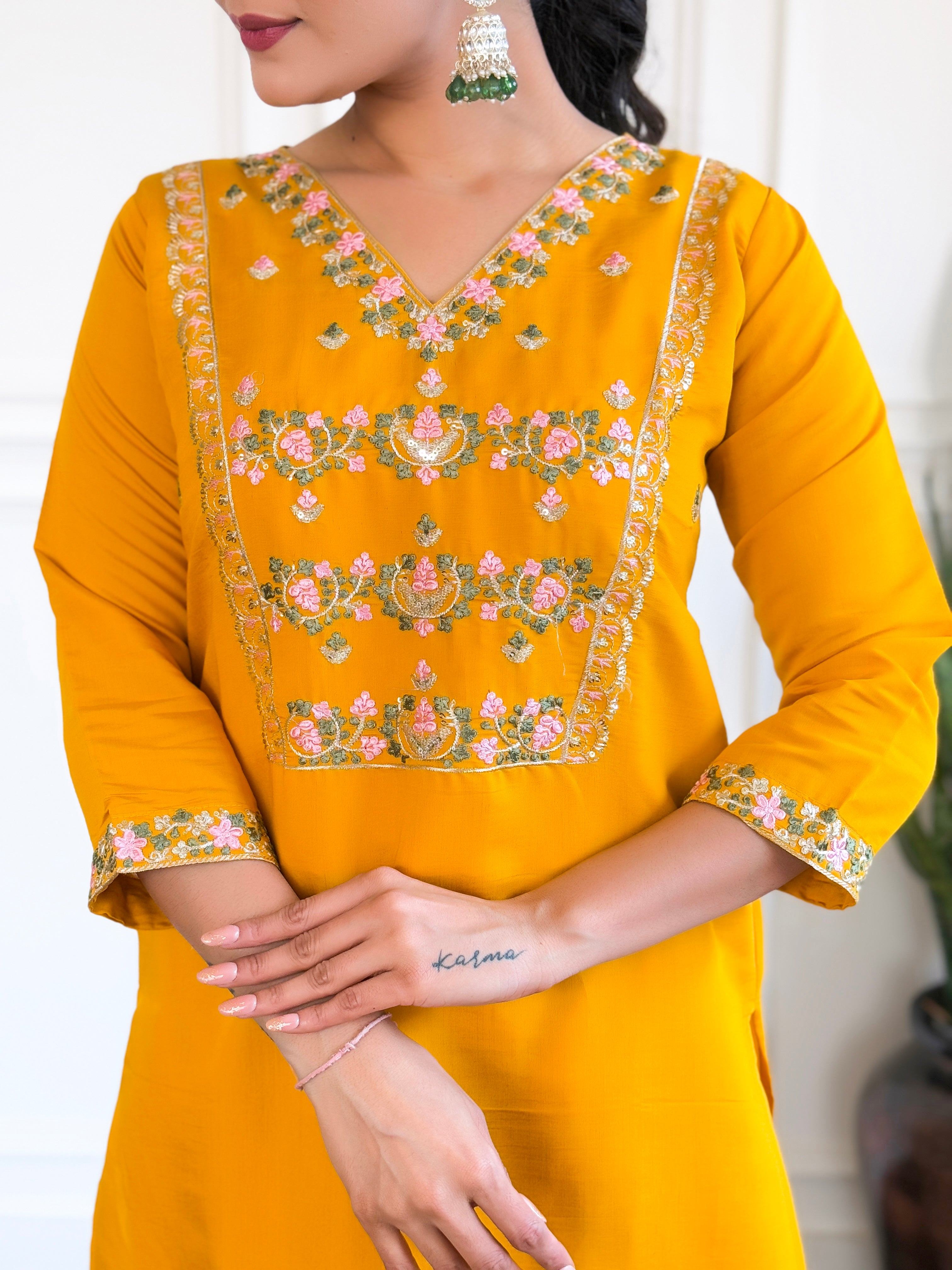 Yellow Embroidered Chanderi Silk Kurta set