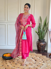 Rani Pink Embroidered Chanderi Kurta set