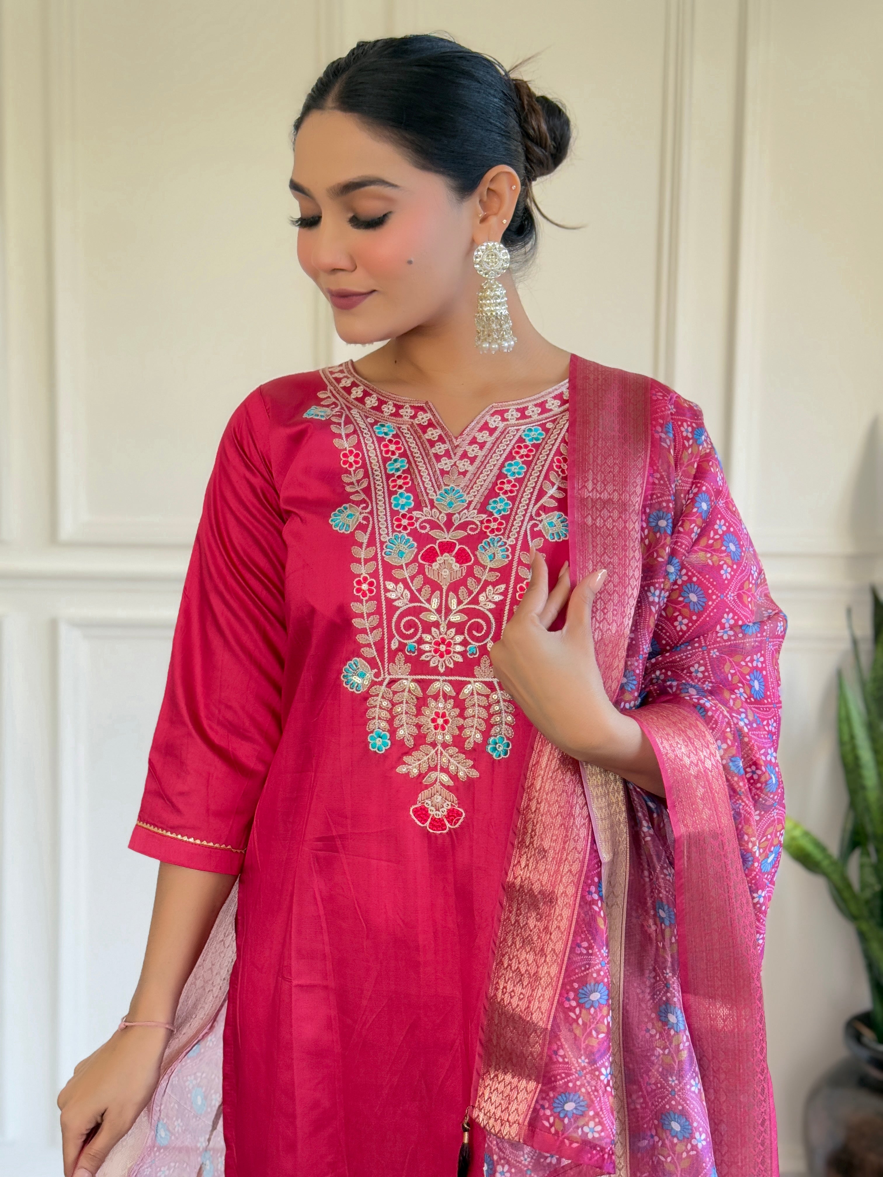 Rani Pink Embroidered Chanderi Kurta set