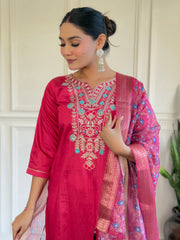 Rani Pink Embroidered Chanderi Kurta set