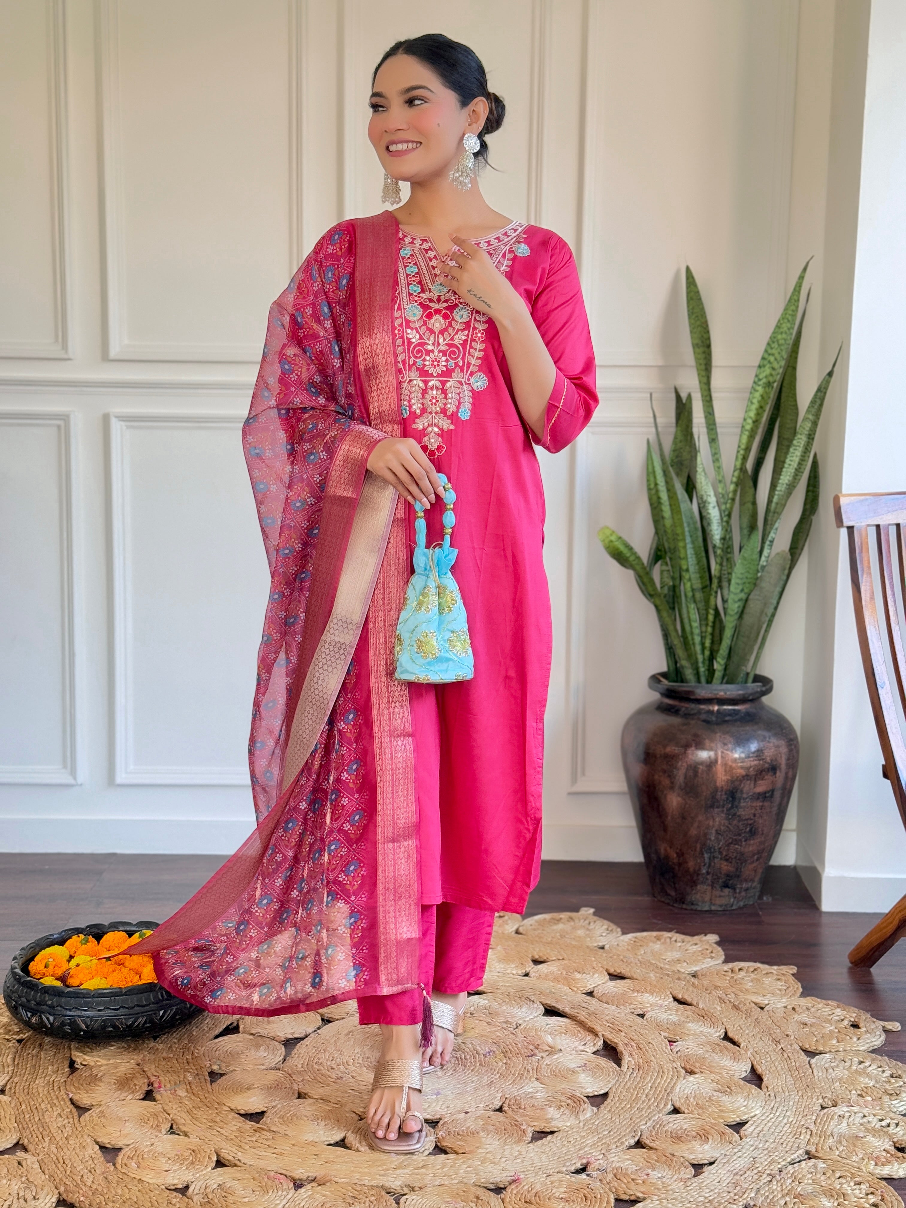 Rani Pink Embroidered Chanderi Kurta set