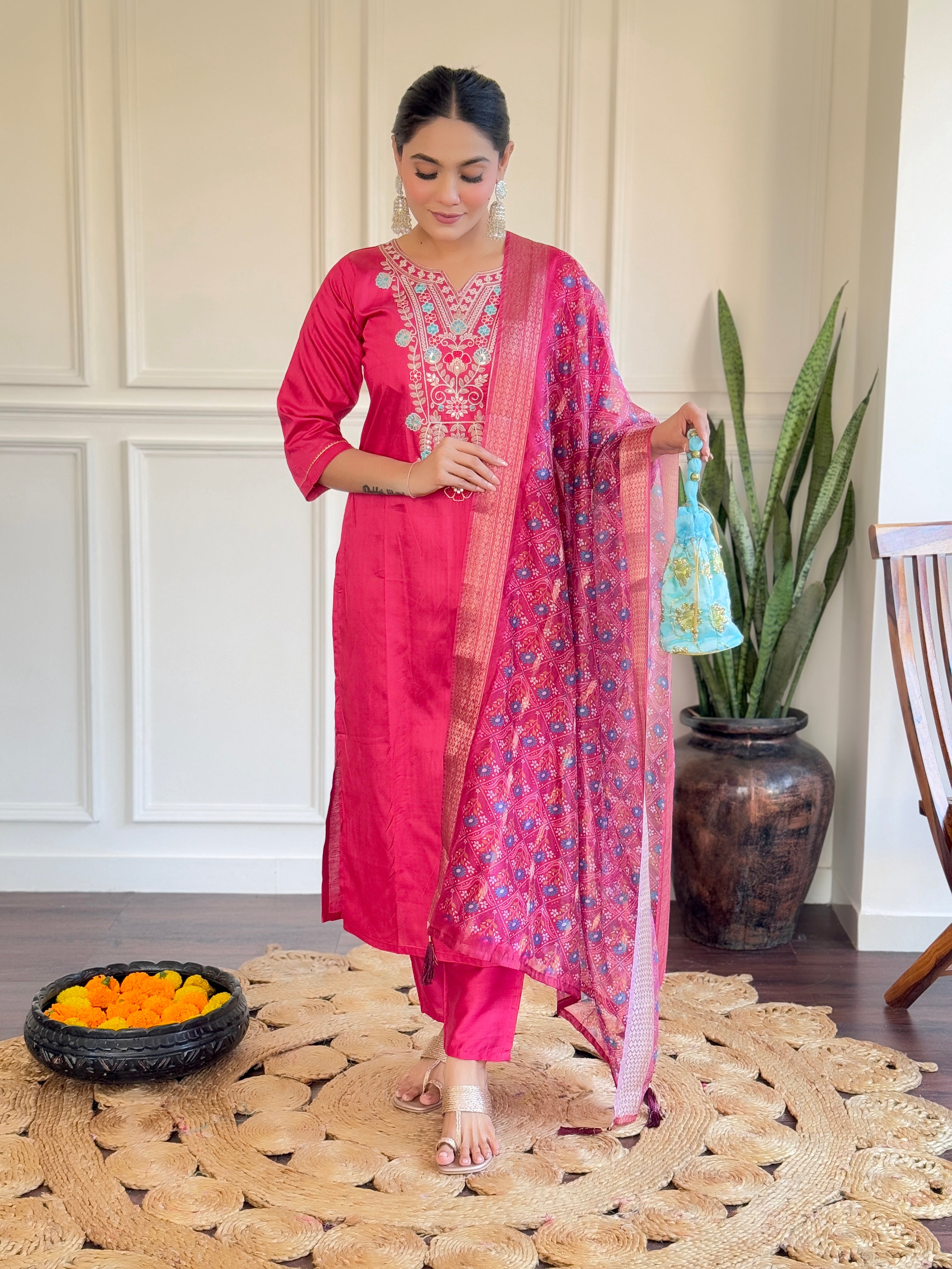 Rani Pink Embroidered Chanderi Kurta set