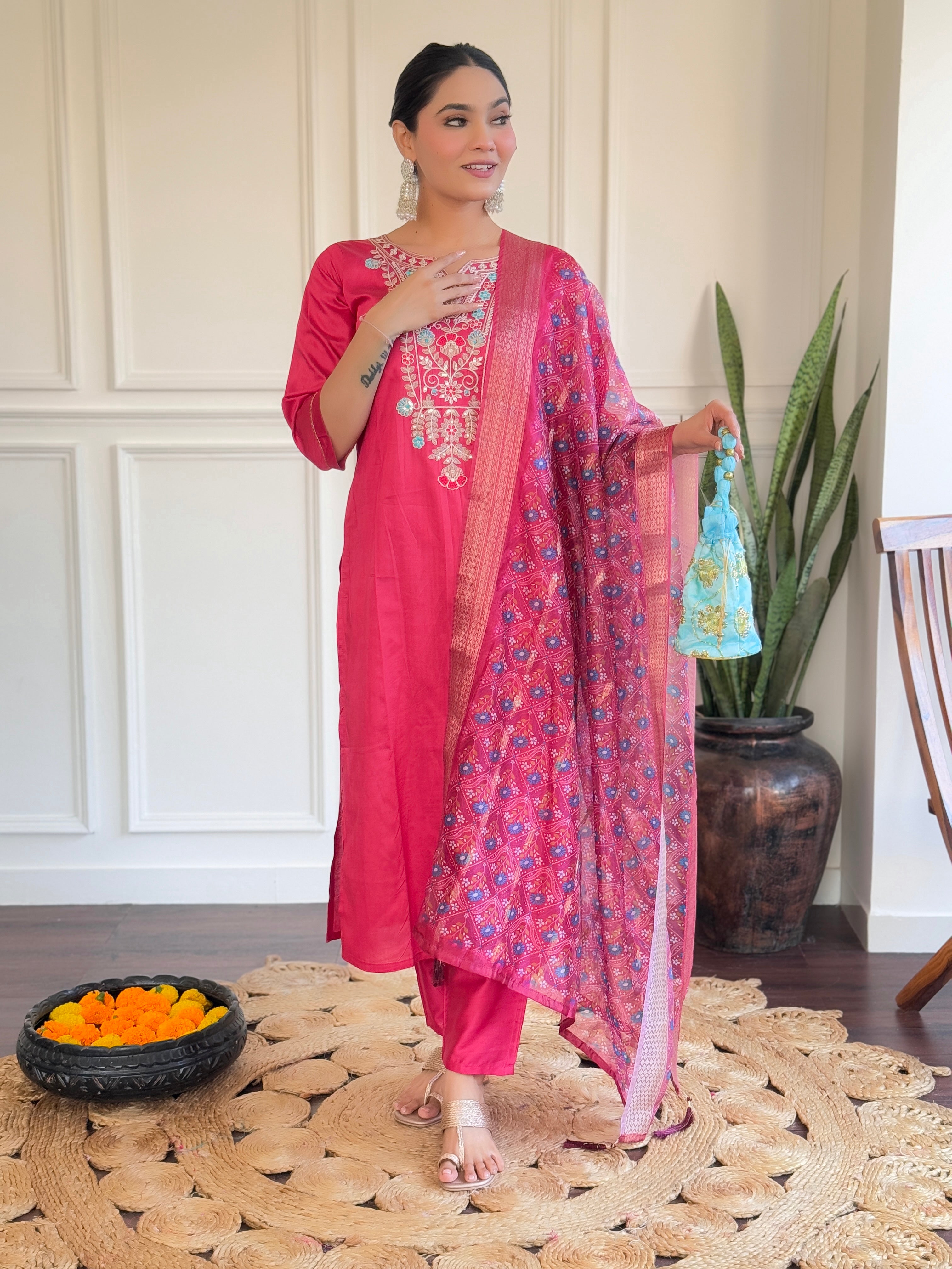 Rani Pink Embroidered Chanderi Kurta set