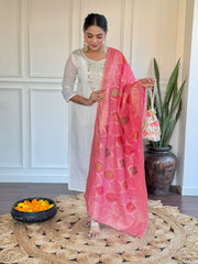 Off White Thread Embroidered Chanderi Kurta Set