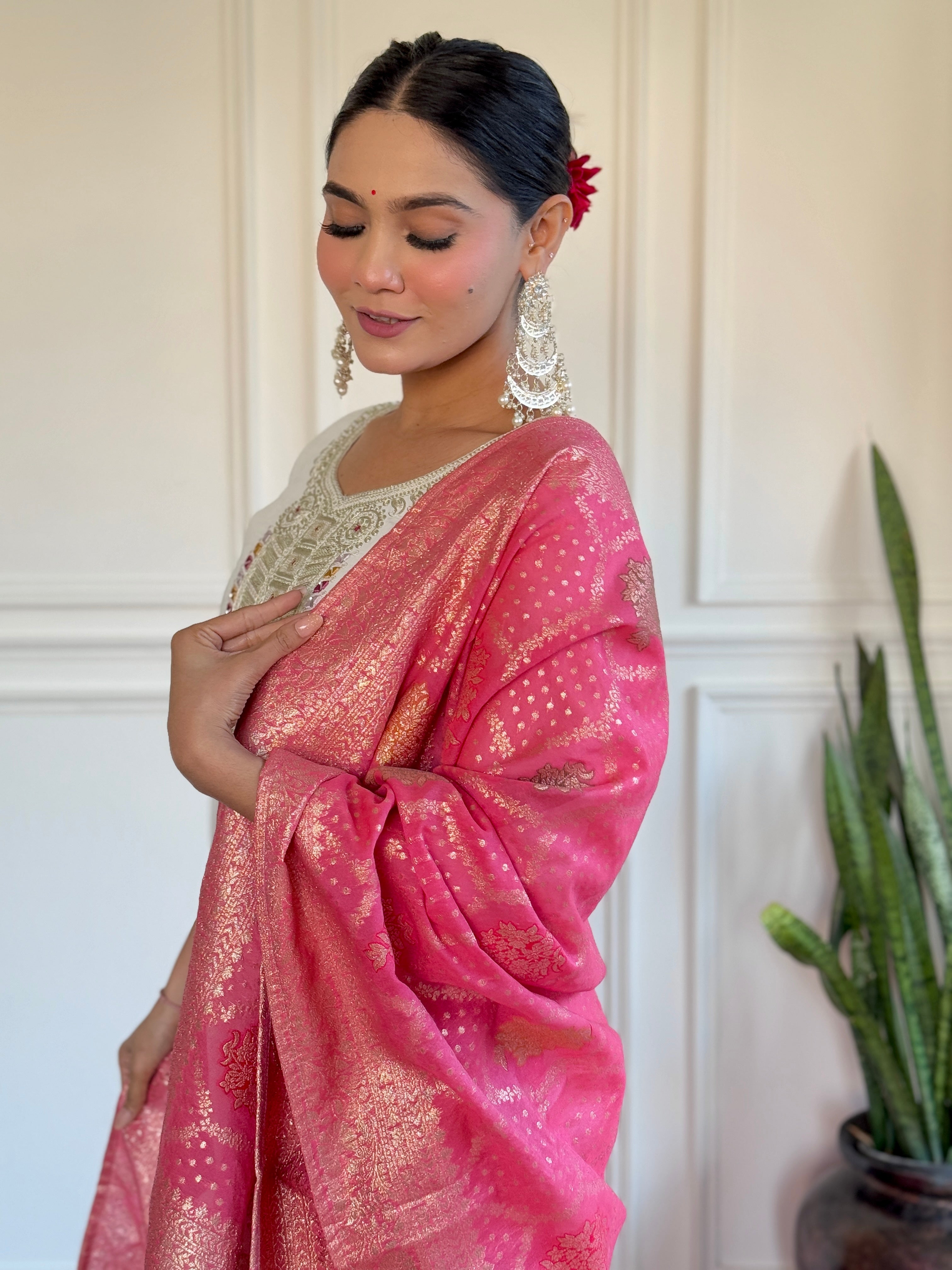 Off White Thread Embroidered Chanderi Kurta Set