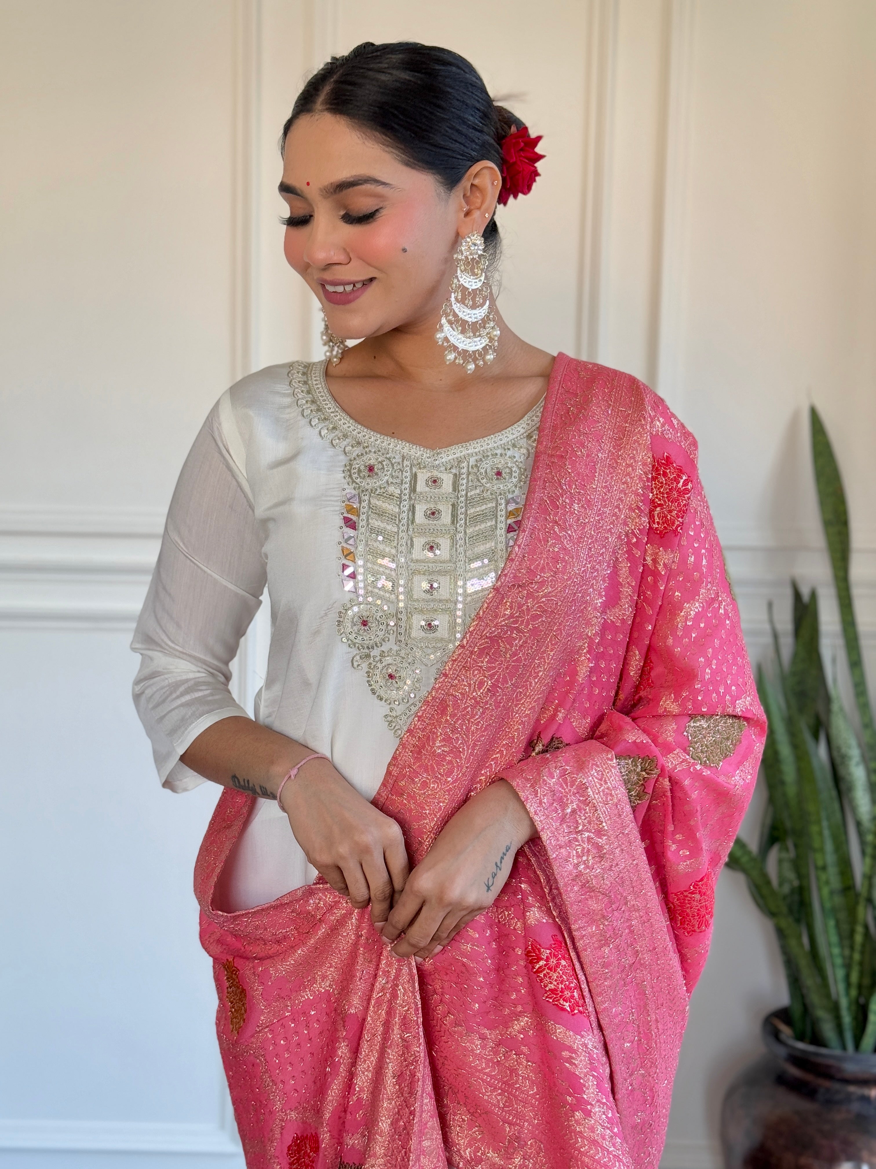 Off White Thread Embroidered Chanderi Kurta Set