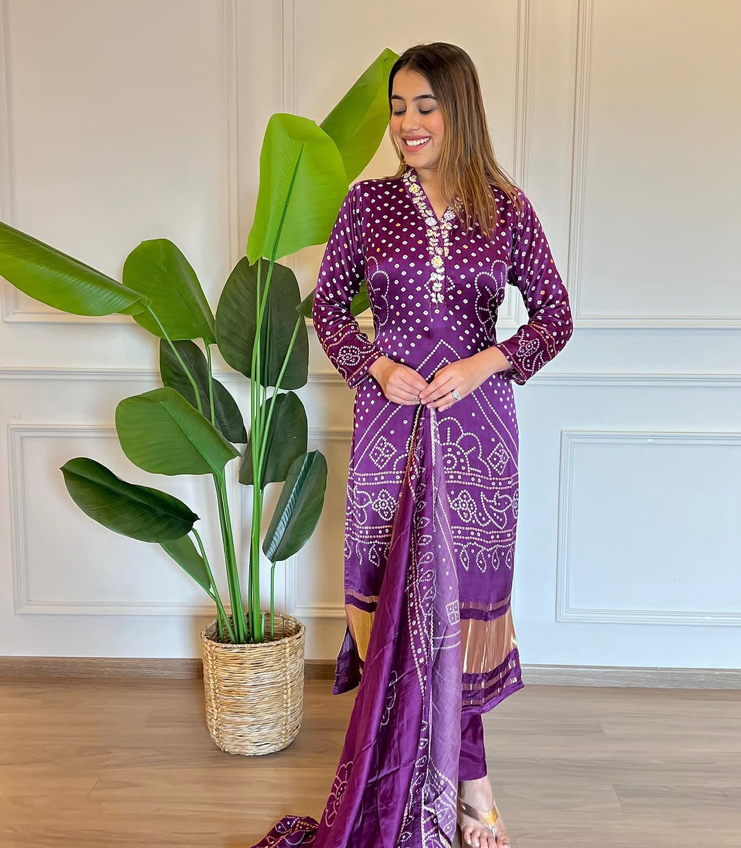 Designer Purple Bandhani Print Kurti For Women
