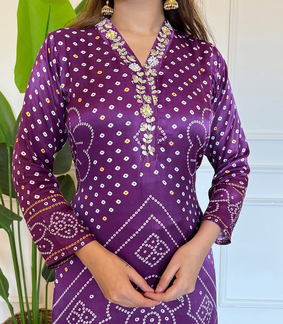 Designer Purple Bandhani Print Kurti For Women