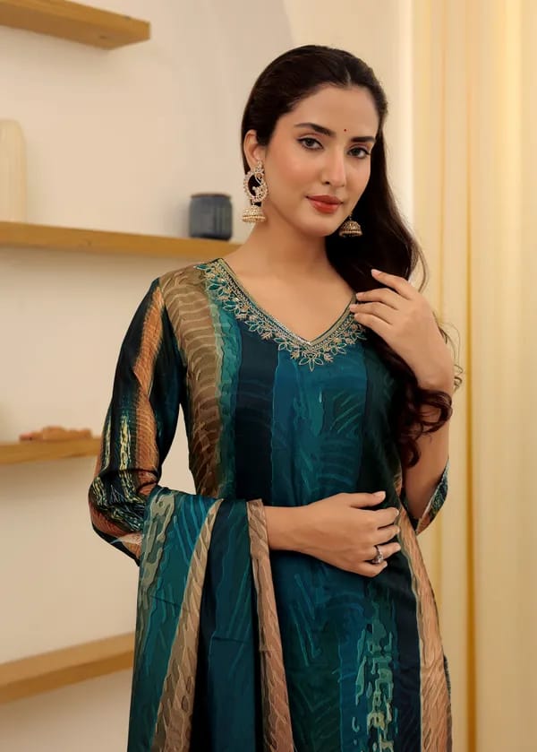 Peacock Rayon Slub Embroidered Kurta with Pant & Chanderi Dupatta Set