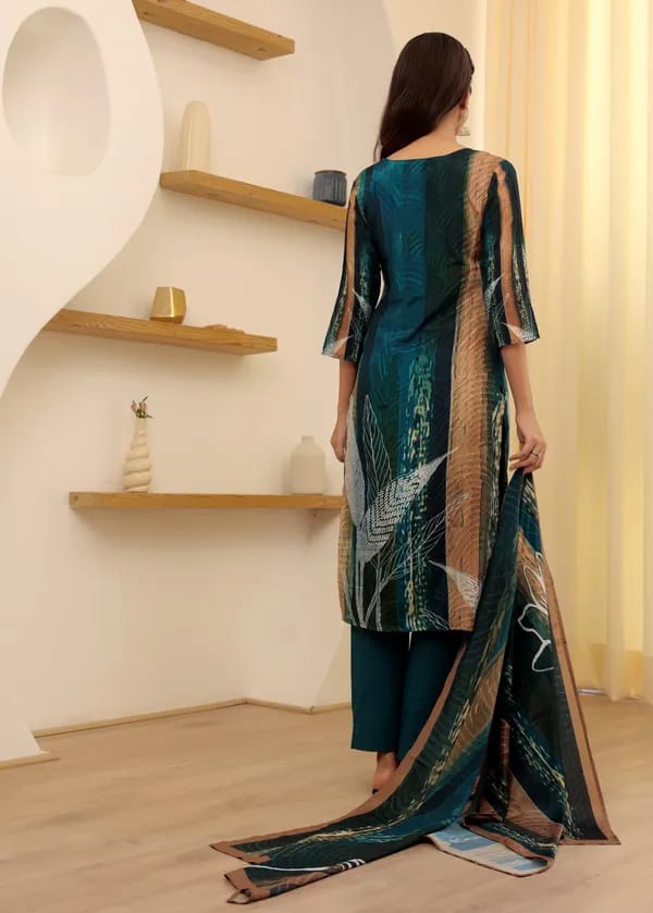 Peacock Rayon Slub Embroidered Kurta with Pant & Chanderi Dupatta Set