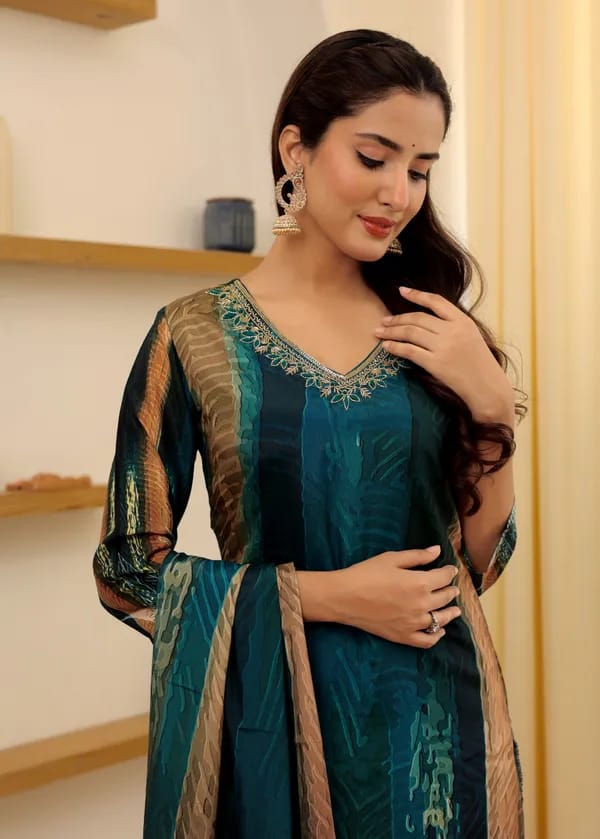 Peacock Rayon Slub Embroidered Kurta with Pant & Chanderi Dupatta Set