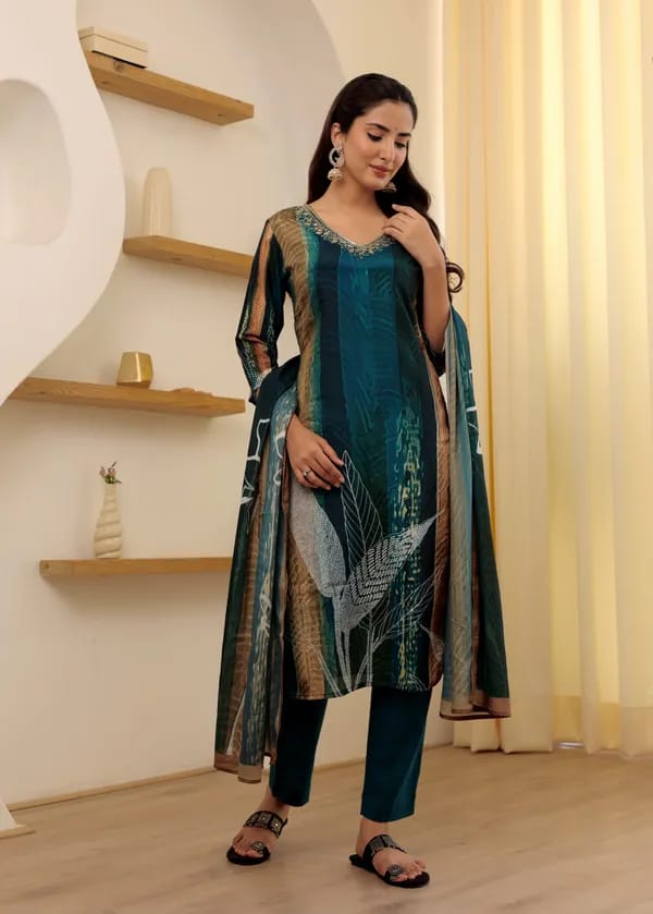 Peacock Rayon Slub Embroidered Kurta with Pant & Chanderi Dupatta Set