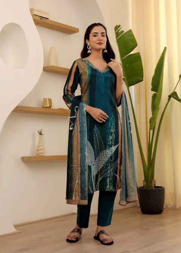Peacock Rayon Slub Embroidered Kurta with Pant & Chanderi Dupatta Set