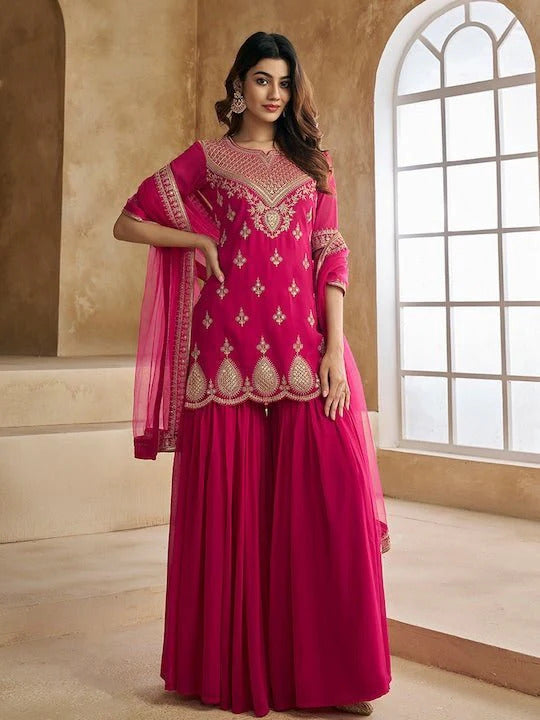 Ethnic Motifs Embroidered Sequence Scalloped Kurti With Sharara & Dupatta Set