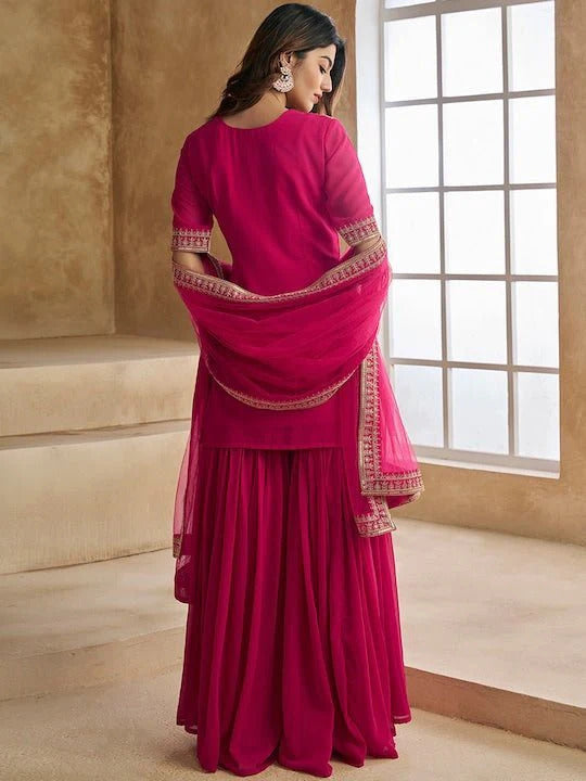 Ethnic Motifs Embroidered Sequence Scalloped Kurti With Sharara & Dupatta Set