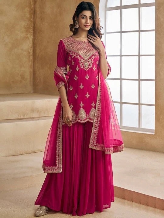 Ethnic Motifs Embroidered Sequence Scalloped Kurti With Sharara & Dupatta Set