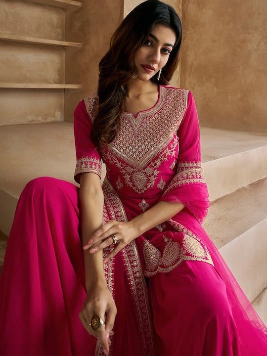 Ethnic Motifs Embroidered Sequence Scalloped Kurti With Sharara & Dupatta Set